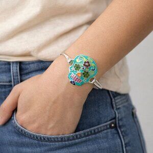 NEW Turquoise Sugar Skull Cuff Bracelet Enamel Silver Tone Day of the Dead